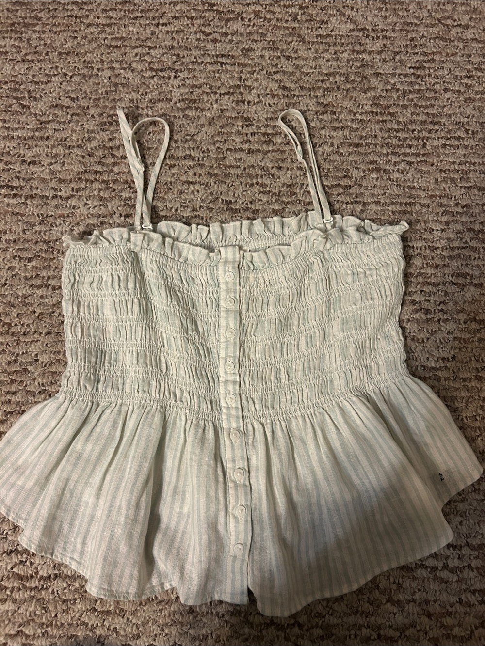 American Eagle Outfitters Smocked Button Tank Top - Light Sage Stripe